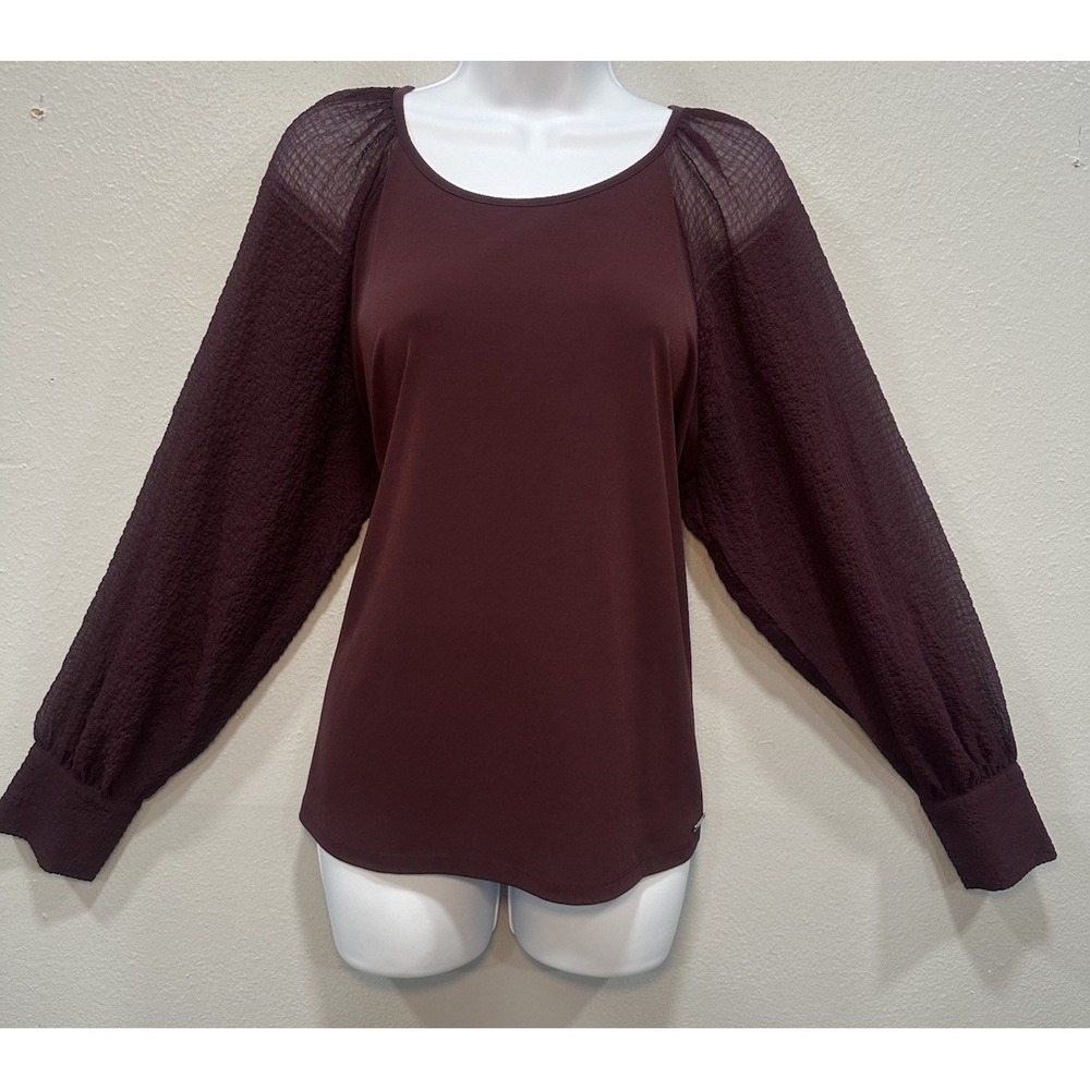 Calvin Klein Blouse Women's Size Large Wine Red Long Sleeve Stretch Mesh Sleeves